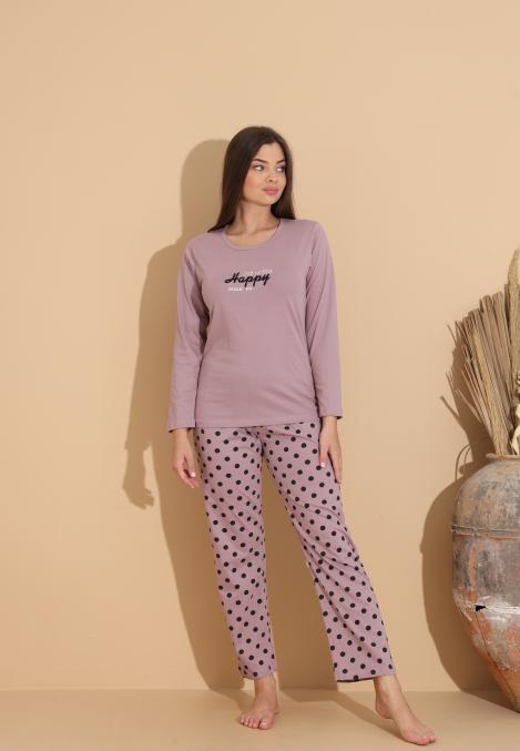 Pijama Dama „HAPPY" ,Pantaloni si Maneca Lunga,Culoare Mov, Engros